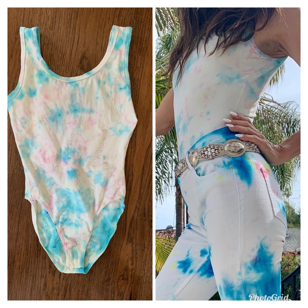 Vintage 90s upcycled bodysuit tie dyed pastel S